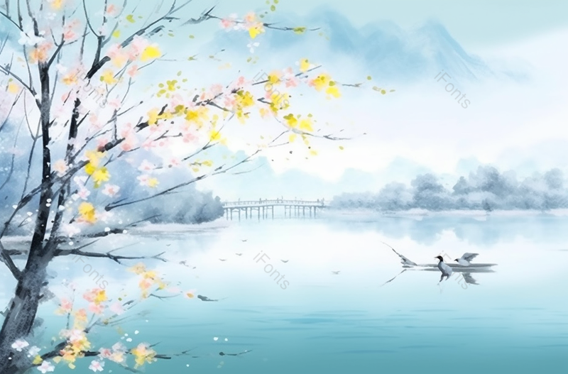 阳春三月船只在江面行驶古风中国风水彩水墨画背景,插画/手绘图,插画/手绘图库,插画/手绘图下载,插画/手绘